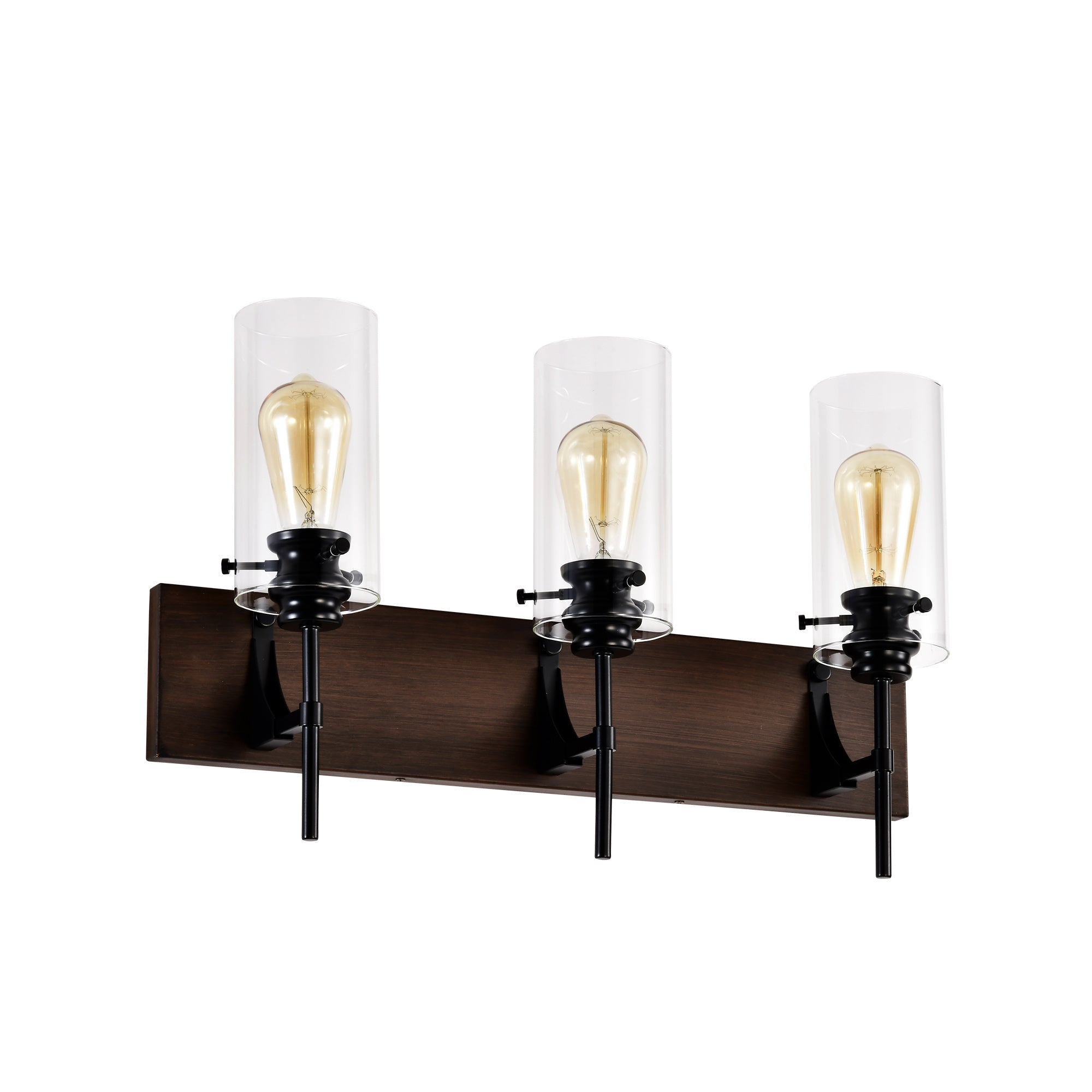 Orno Luxe™ Modern 3-Light Vanity Fixture – Matte Black & Wood with Glass Shades